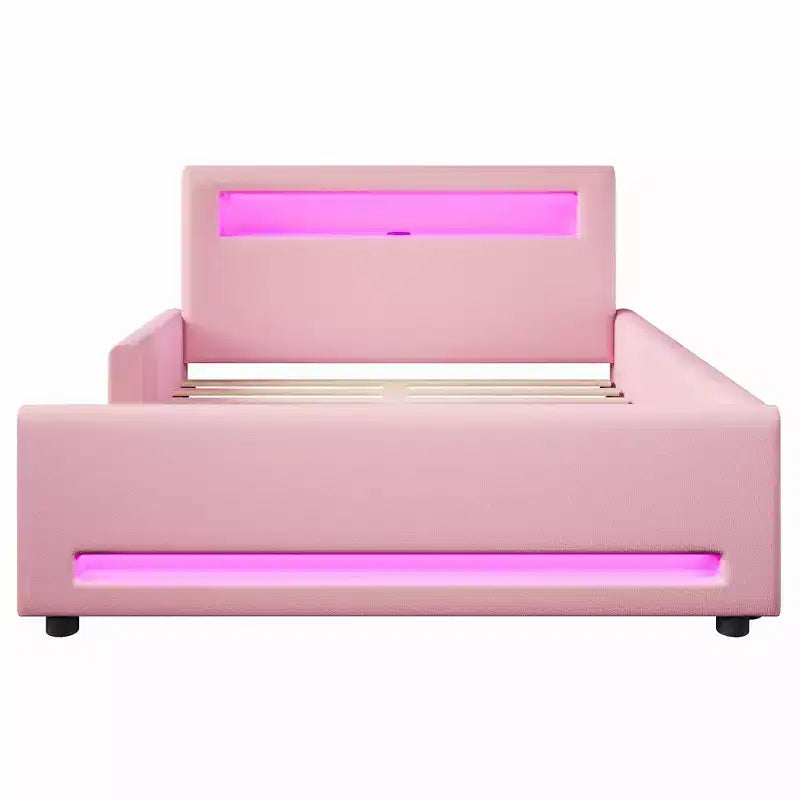 GDFStudio Torres Letto a Piattaforma Imbottito con Cassetto, Striscia LED, Porta USB
