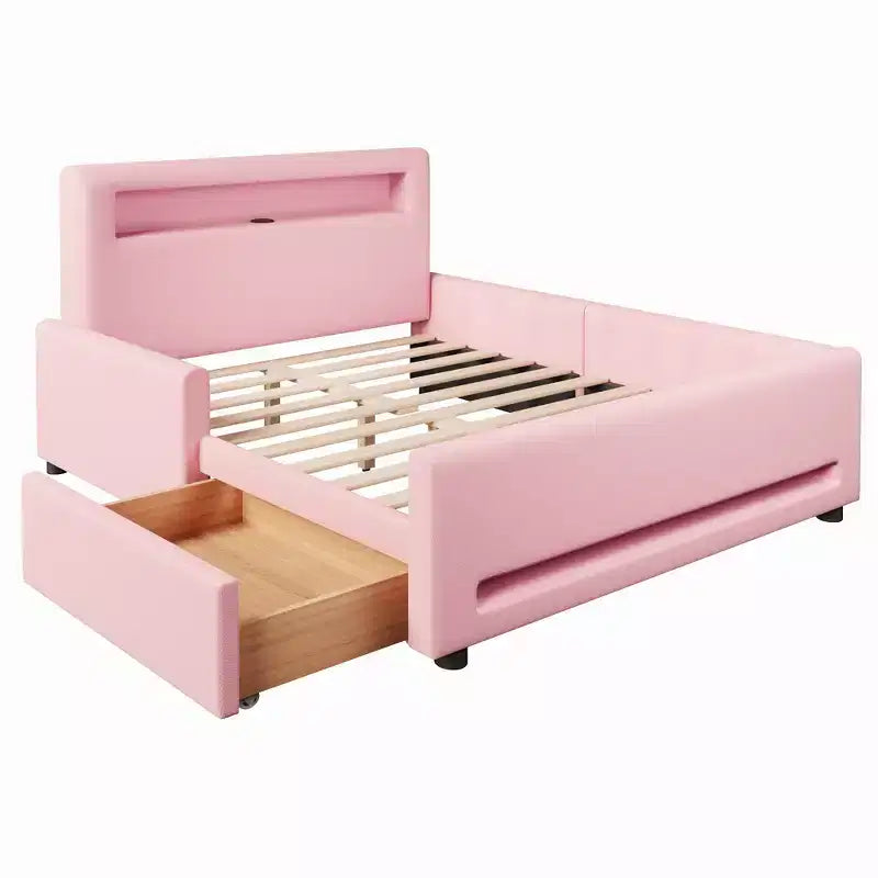GDFStudio Torres Letto a Piattaforma Imbottito con Cassetto, Striscia LED, Porta USB
