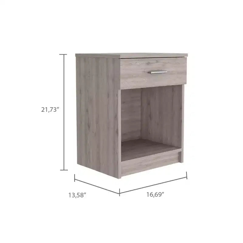 Con un design pulito e moderno, questo comodino 21H, con un cassetto, ripiano inferiore e ripiano superiore, di colore grigio chiaro, offre una soluzione pratica per riporre oggetti ed è robusto.