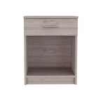 Con un design pulito e moderno, questo comodino 21H, con un cassetto, ripiano inferiore e ripiano superiore, di colore grigio chiaro, offre una soluzione pratica per riporre oggetti ed è robusto.
