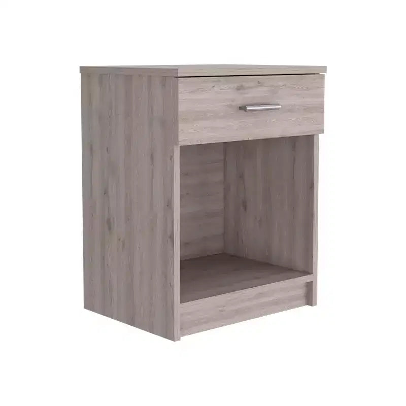 Con un design pulito e moderno, questo comodino 21H, con un cassetto, ripiano inferiore e ripiano superiore, di colore grigio chiaro, offre una soluzione pratica per riporre oggetti ed è robusto.