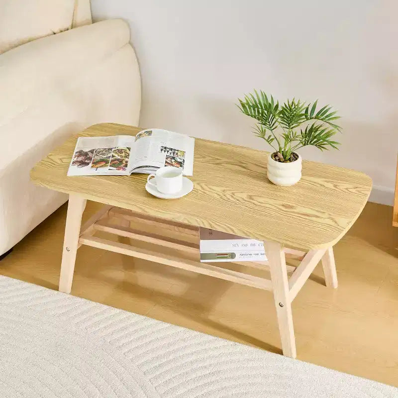 Tavolino da caffè a 2 ripiani in legno massello, ampio tavolino centrale in legno con contenitore per soggiorno, appartamento, ufficio - Panipeachy
