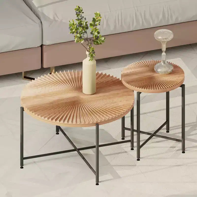 Radial Pattern 2-Piece Coffee and End Table Set - Waterproof MDF with PVC Cover, Distressed Cylindrical Design, Red Cedar-Brown