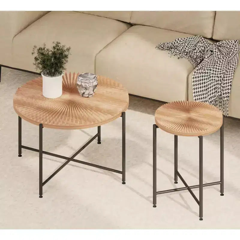 Set 2 tavolini da caffè e tavolino d'appoggio con motivo radiale - MDF impermeabile con rivestimento in PVC, design cilindrico anticato, cedro rosso-marrone