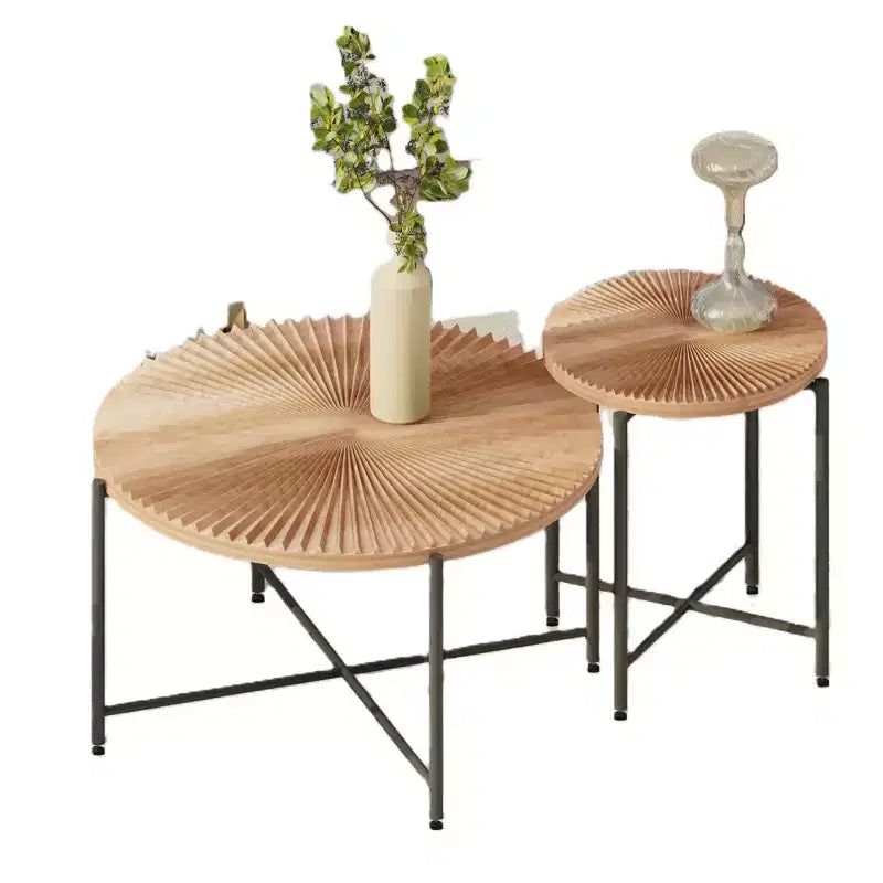 Set 2 tavolini da caffè e tavolino d'appoggio con motivo radiale - MDF impermeabile con rivestimento in PVC, design cilindrico anticato, cedro rosso-marrone