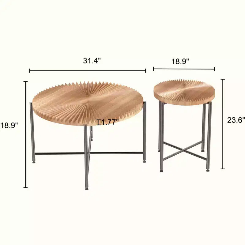 Set 2 tavolini da caffè e tavolino d'appoggio con motivo radiale - MDF impermeabile con rivestimento in PVC, design cilindrico anticato, cedro rosso-marrone