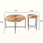 Set 2 tavolini da caffè e tavolino d'appoggio con motivo radiale - MDF impermeabile con rivestimento in PVC, design cilindrico anticato, cedro rosso-marrone