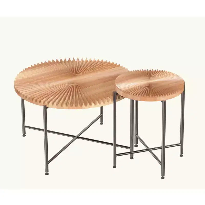 Set 2 tavolini da caffè e tavolino d'appoggio con motivo radiale - MDF impermeabile con rivestimento in PVC, design cilindrico anticato, cedro rosso-marrone