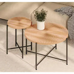 Set 2 tavolini da caffè e tavolino d'appoggio con motivo radiale - MDF impermeabile con rivestimento in PVC, design cilindrico anticato, cedro rosso-marrone