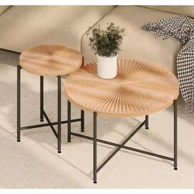 Set 2 tavolini da caffè e tavolino d'appoggio con motivo radiale - MDF impermeabile con rivestimento in PVC, design cilindrico anticato, cedro rosso-marrone