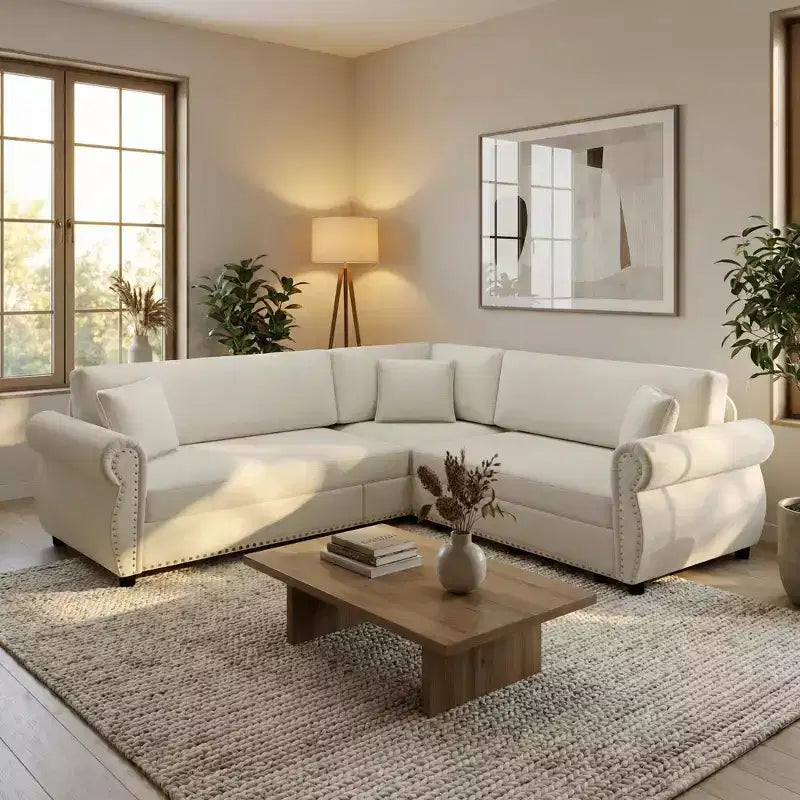 FurnitureR 5-Seat Chenille Sectional Sofa with Pull-Out Sleeper, Convertible L-Shape Couch with Chaise, Upholstered Corner Sofa for Living Room
