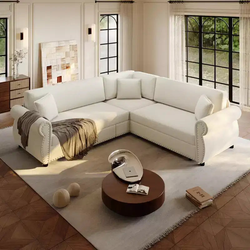 Divano Sezionale a 5 Posti in Ciniglia FurnitureR con Letto Estraibile, Divano a L Convertibile con Chaise Longue, Divano Angolare Imbottito per Soggiorno