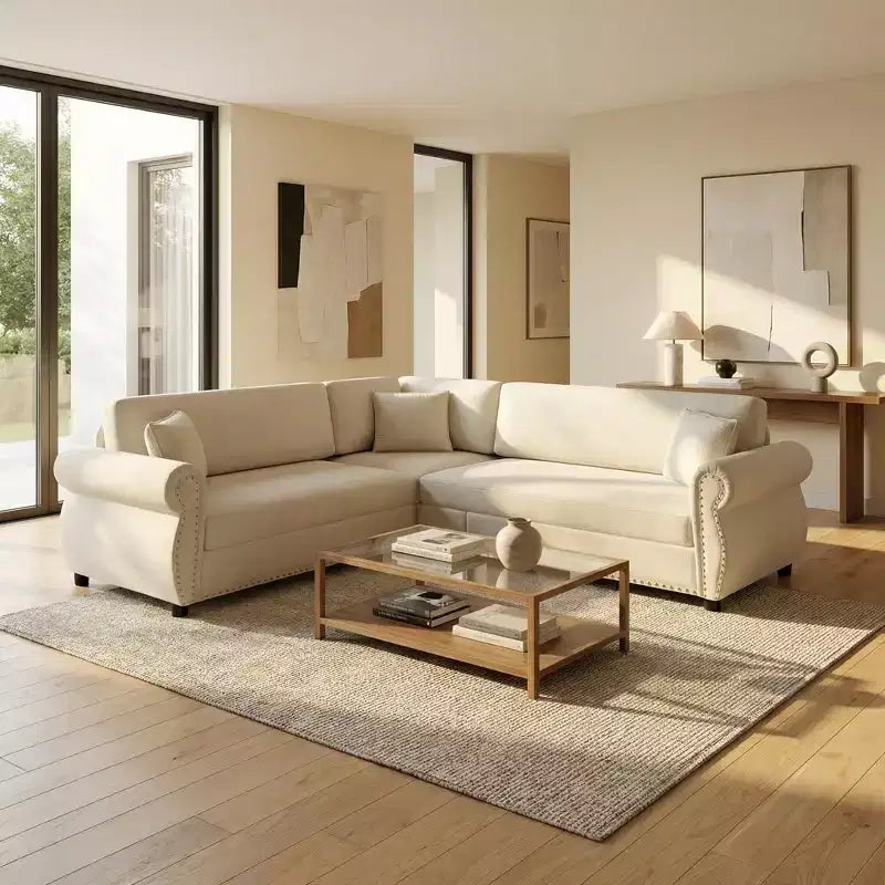 Divano Sezionale a 5 Posti in Ciniglia FurnitureR con Letto Estraibile, Divano a L Convertibile con Chaise Longue, Divano Angolare Imbottito per Soggiorno