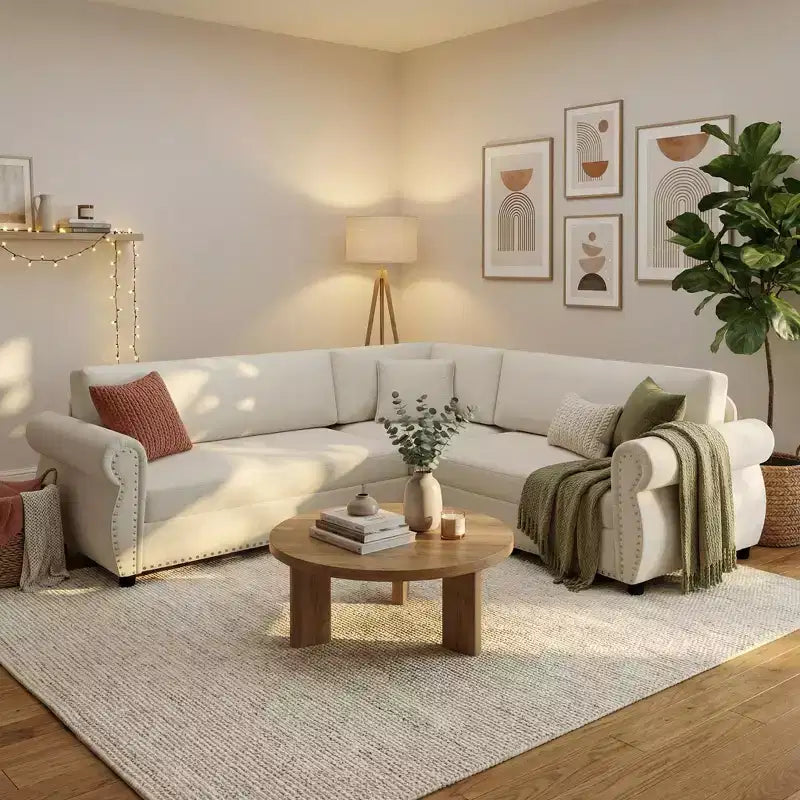Divano Sezionale a 5 Posti in Ciniglia FurnitureR con Letto Estraibile, Divano a L Convertibile con Chaise Longue, Divano Angolare Imbottito per Soggiorno