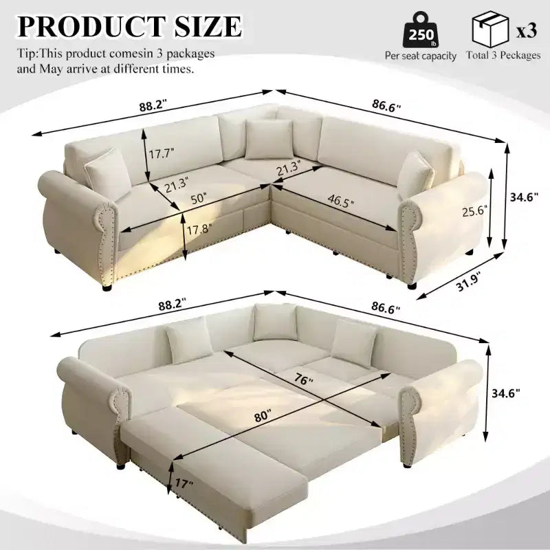 Divano Sezionale a 5 Posti in Ciniglia FurnitureR con Letto Estraibile, Divano a L Convertibile con Chaise Longue, Divano Angolare Imbottito per Soggiorno