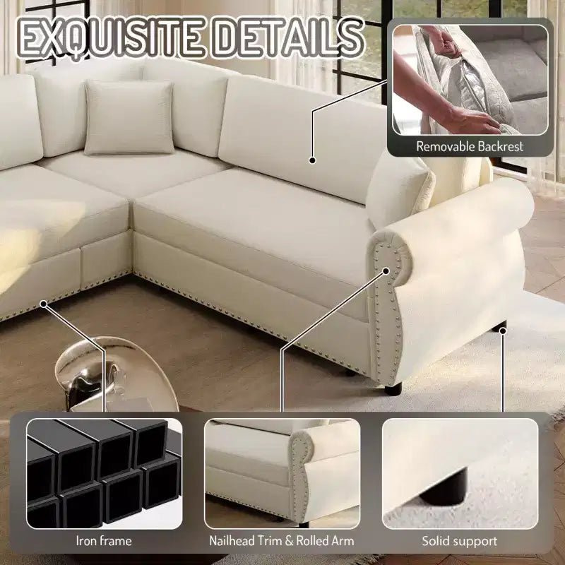 Divano Sezionale a 5 Posti in Ciniglia FurnitureR con Letto Estraibile, Divano a L Convertibile con Chaise Longue, Divano Angolare Imbottito per Soggiorno
