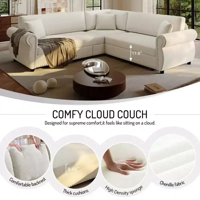 Divano Sezionale a 5 Posti in Ciniglia FurnitureR con Letto Estraibile, Divano a L Convertibile con Chaise Longue, Divano Angolare Imbottito per Soggiorno