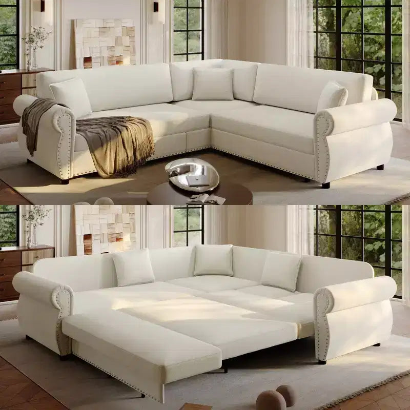 Divano Sezionale a 5 Posti in Ciniglia FurnitureR con Letto Estraibile, Divano a L Convertibile con Chaise Longue, Divano Angolare Imbottito per Soggiorno