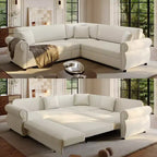 Divano Sezionale a 5 Posti in Ciniglia FurnitureR con Letto Estraibile, Divano a L Convertibile con Chaise Longue, Divano Angolare Imbottito per Soggiorno