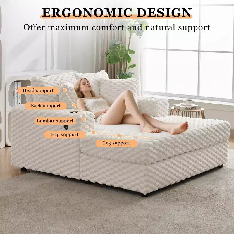 Poltrona Chaise Longue Extra Large, Divano Letto Imbottito da 152 cm con Braccioli e Cuscini, Accogliente Poltrona Reclinabile per Soggiorno e Camera da Letto