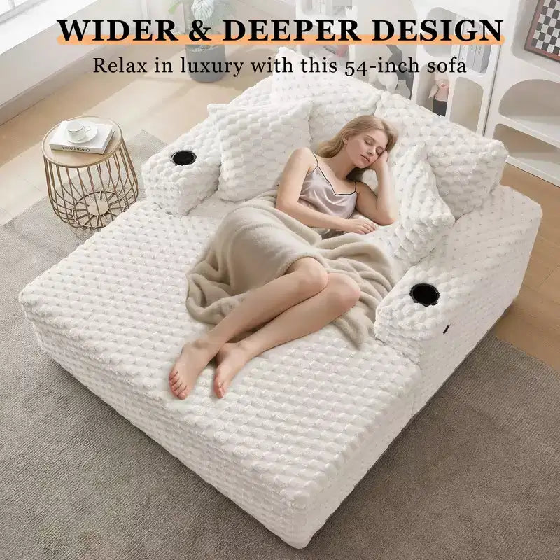 Oversized Chaise Lounge Chair, 60 Inch Upholstered Sofa Bed with Armrests and Throw Pillows, Cozy Reading Sleeper Chair for Living Room Bedroom