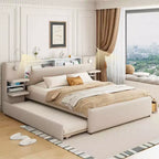 MAYEERTY Upholstered Platform Bed with Reading Lights, Storage Headboard & Trundle with Underbed Drawers