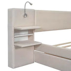 Letto a piattaforma imbottito MAYEERTY con luci da lettura, testiera con vano contenitore e letto estraibile con cassetti sottoletto