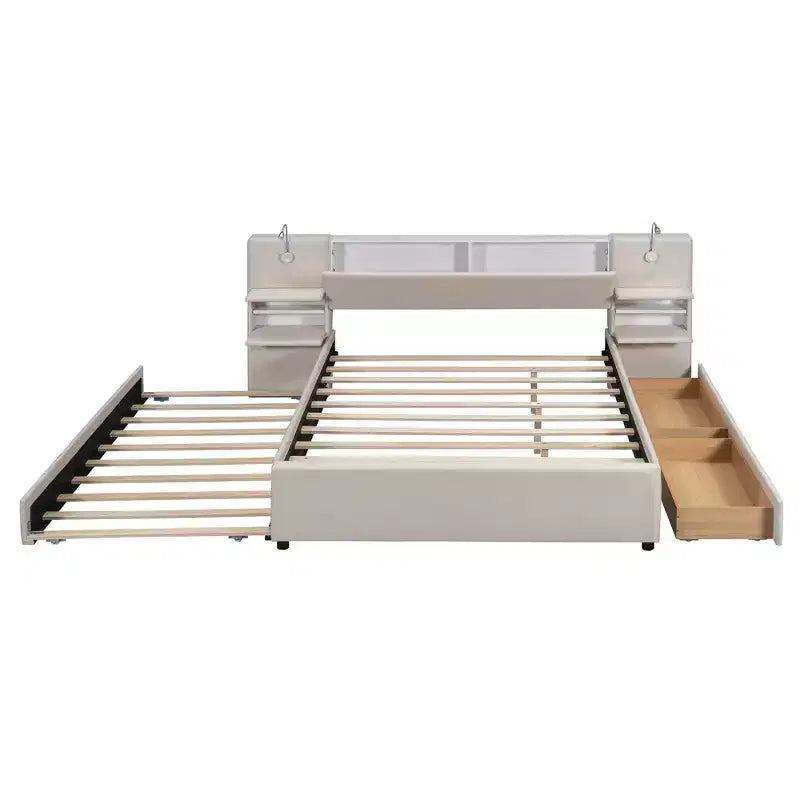 Letto a piattaforma imbottito MAYEERTY con luci da lettura, testiera con vano contenitore e letto estraibile con cassetti sottoletto
