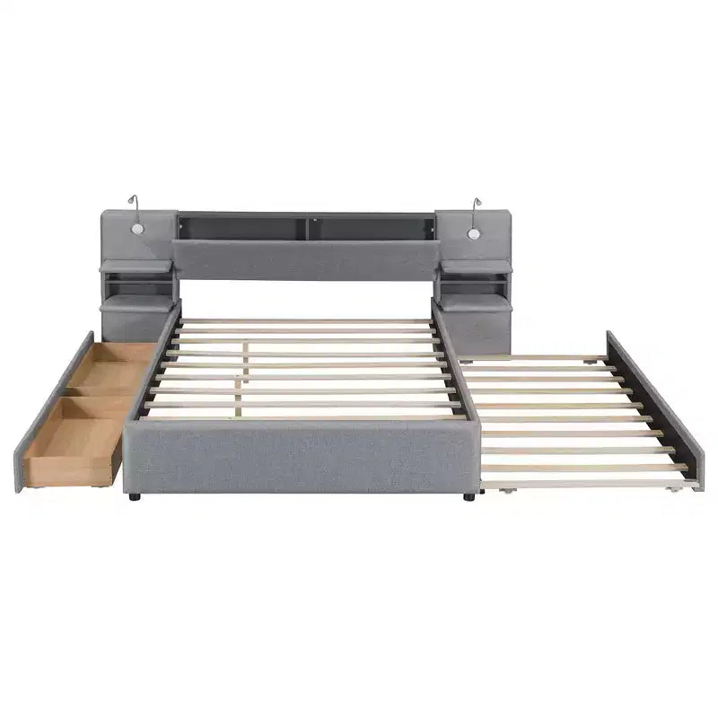 Letto a piattaforma imbottito MAYEERTY con luci da lettura, testiera con vano contenitore e letto estraibile con cassetti sottoletto