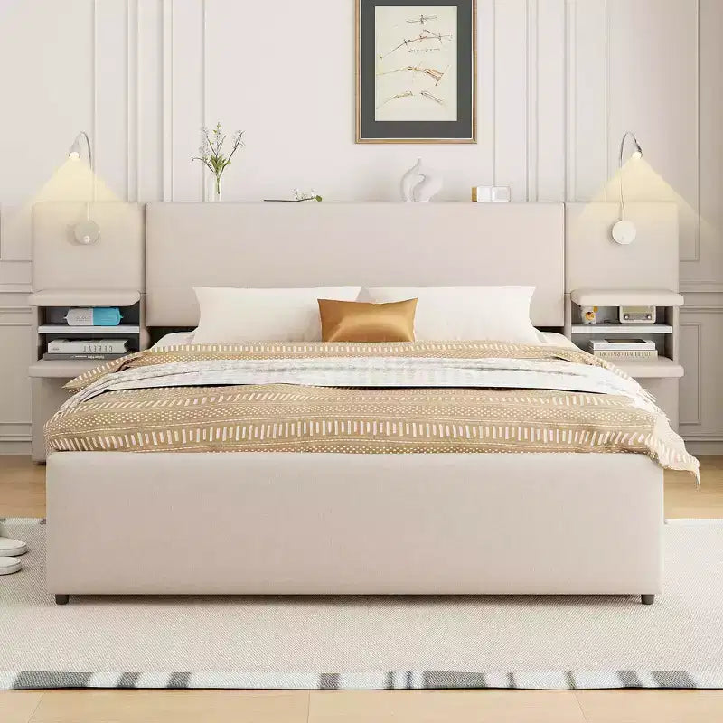 Letto a piattaforma imbottito MAYEERTY con luci da lettura, testiera con vano contenitore e letto estraibile con cassetti sottoletto
