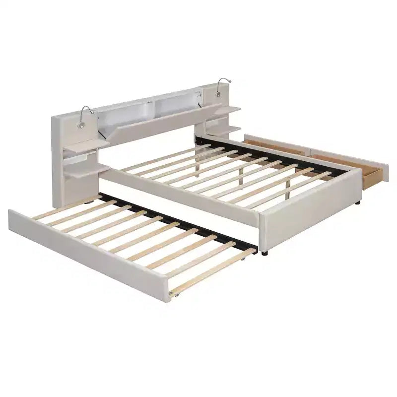 Letto a piattaforma imbottito MAYEERTY con luci da lettura, testiera con vano contenitore e letto estraibile con cassetti sottoletto