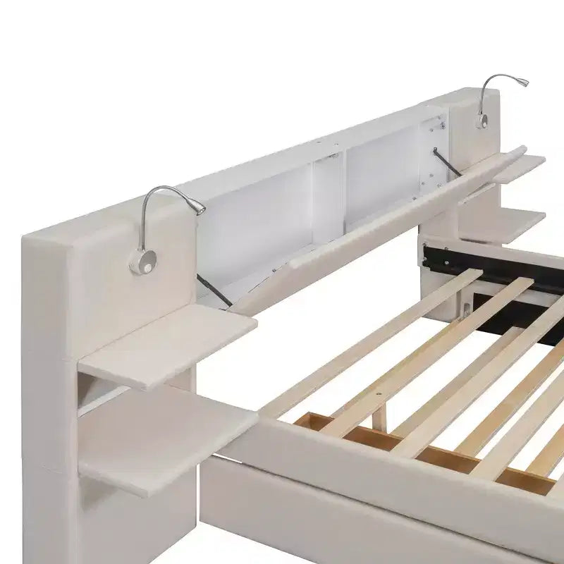 Letto a piattaforma imbottito MAYEERTY con luci da lettura, testiera con vano contenitore e letto estraibile con cassetti sottoletto