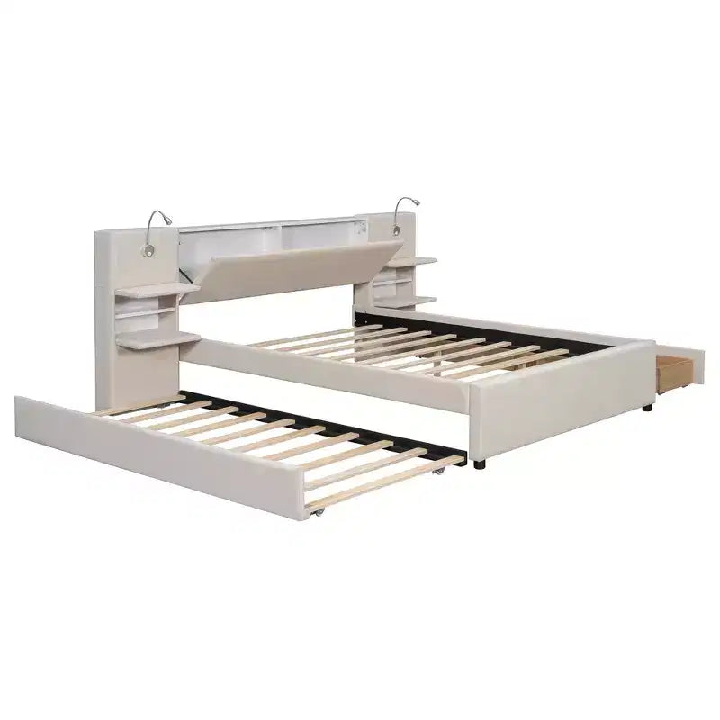 Letto a piattaforma imbottito MAYEERTY con luci da lettura, testiera con vano contenitore e letto estraibile con cassetti sottoletto