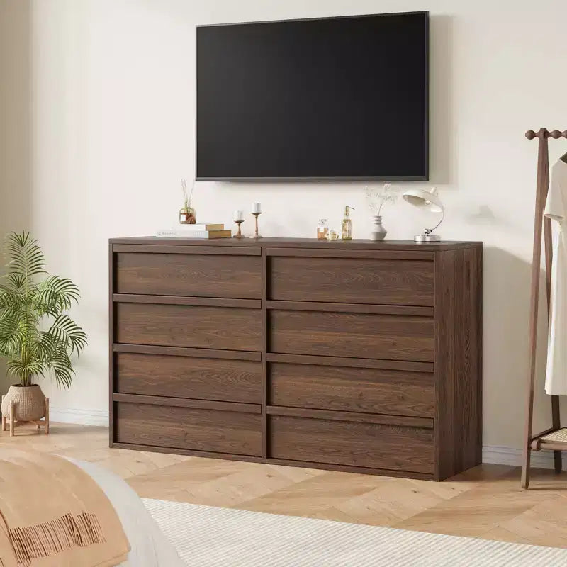 Cassettiera da camera a 8 cassetti in noce, cassettiera a 8 cassetti larga 137 cm con design senza maniglie, organizer moderno per armadio per camera da letto, soggiorno, cameretta dei bambini