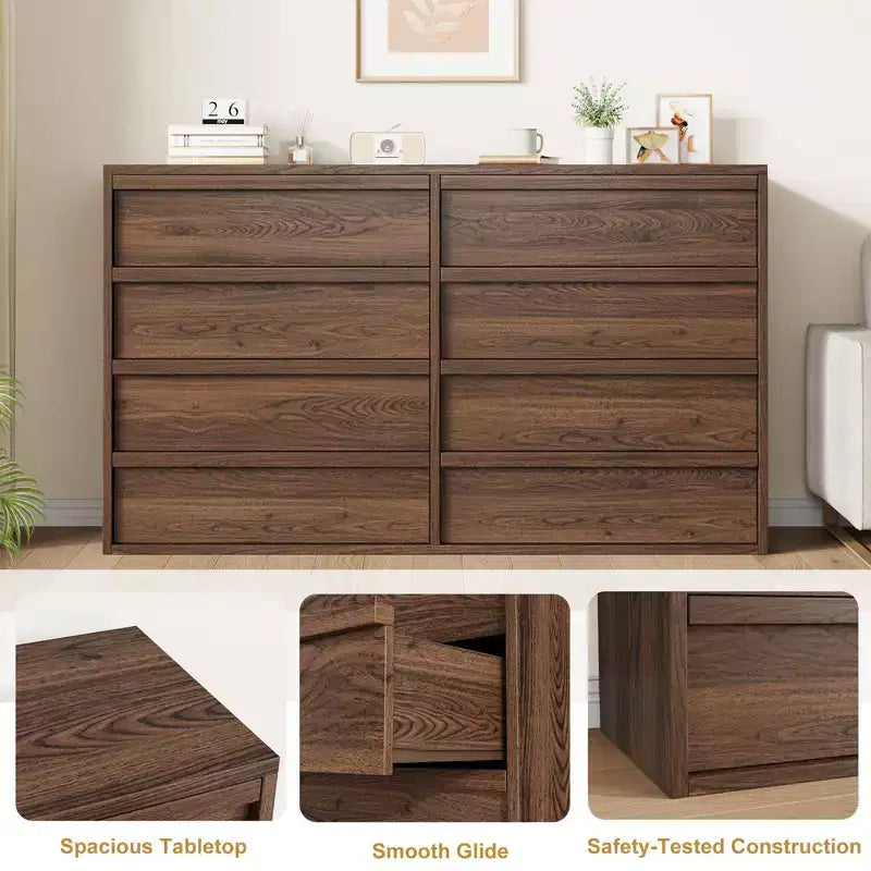Cassettiera da camera a 8 cassetti in noce, cassettiera a 8 cassetti larga 137 cm con design senza maniglie, organizer moderno per armadio per camera da letto, soggiorno, cameretta dei bambini