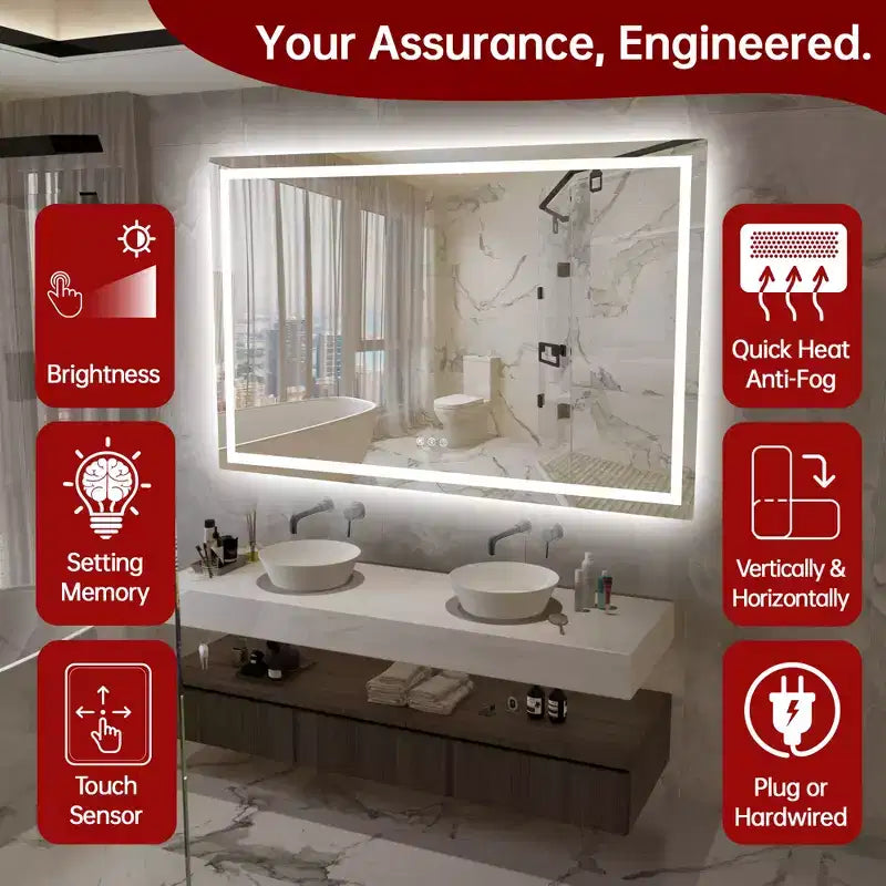 SUMERAIN 55x36 Specchio da Bagno Anti-Appannamento Dimmerabile Continuo a LED Specchio da Parete per Lavabo in Vetro Temperato con Certificazione ETL