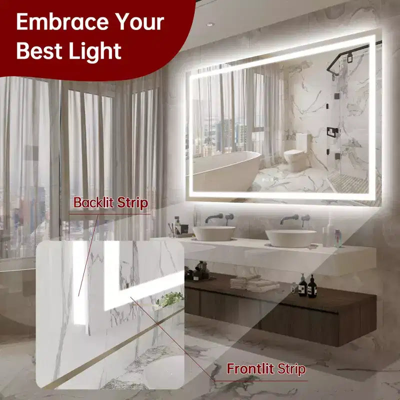 SUMERAIN 55x36 Specchio da Bagno Anti-Appannamento Dimmerabile Continuo a LED Specchio da Parete per Lavabo in Vetro Temperato con Certificazione ETL