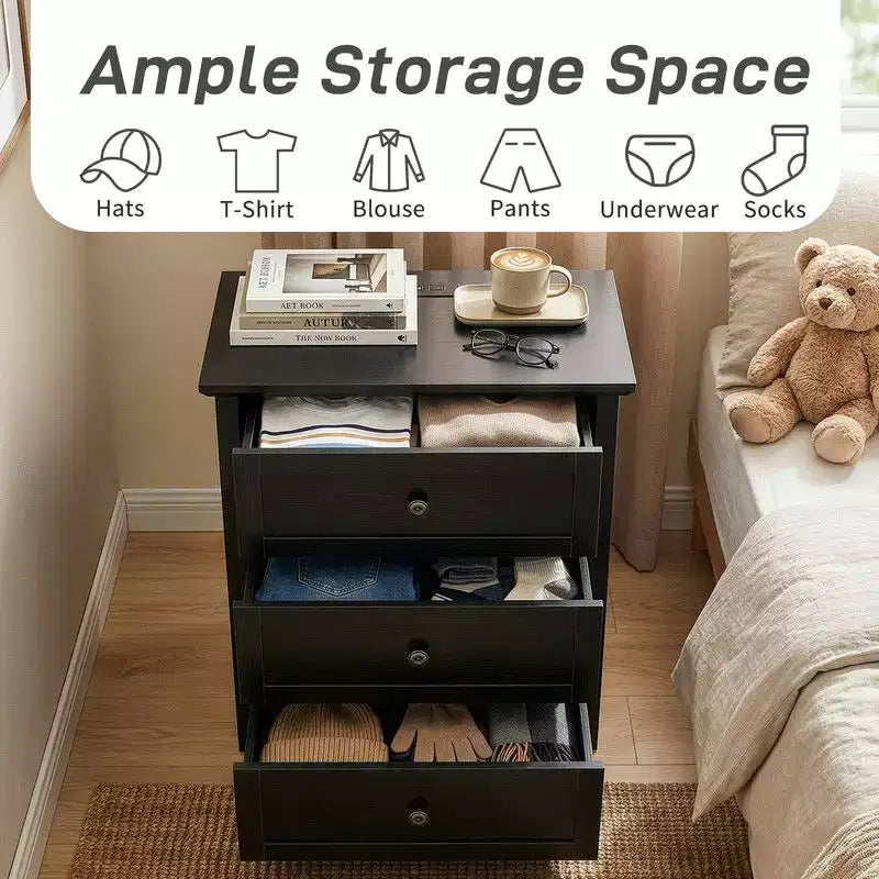Comodino Karl Home 24 pollici con 3 cassetti, superficie in melaminico, USB-C e prese di corrente standard USA