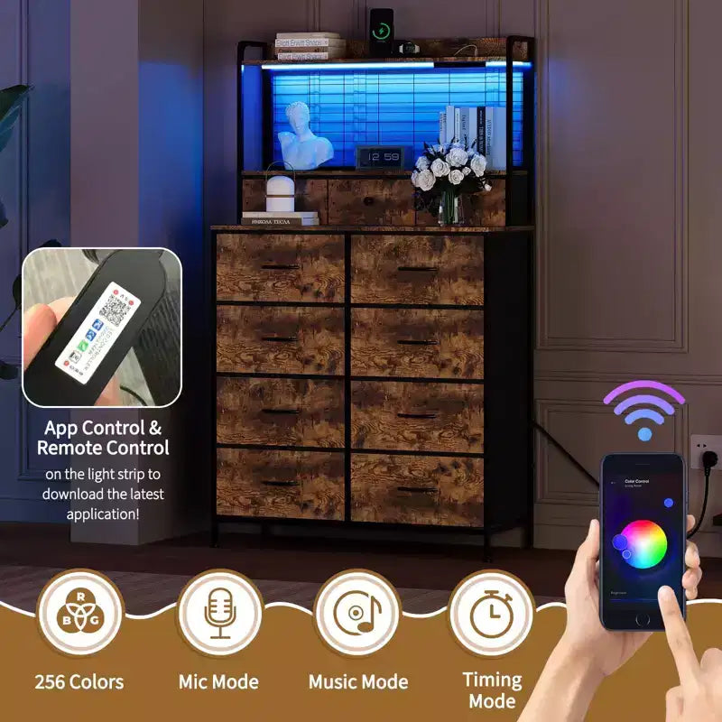 Comò Intelligente con 11 Cassetti in Tessuto, Stazione di Ricarica Integrata e Illuminazione RGB Controllabile tramite App - Design Anti-Ribaltamento per Camera da Letto, Soggiorno, Cabina Armadio