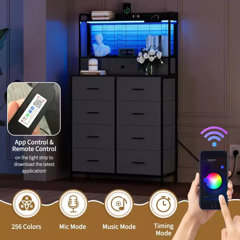Comò Intelligente con 11 Cassetti in Tessuto, Stazione di Ricarica Integrata e Illuminazione RGB Controllabile tramite App - Design Anti-Ribaltamento per Camera da Letto, Soggiorno, Cabina Armadio