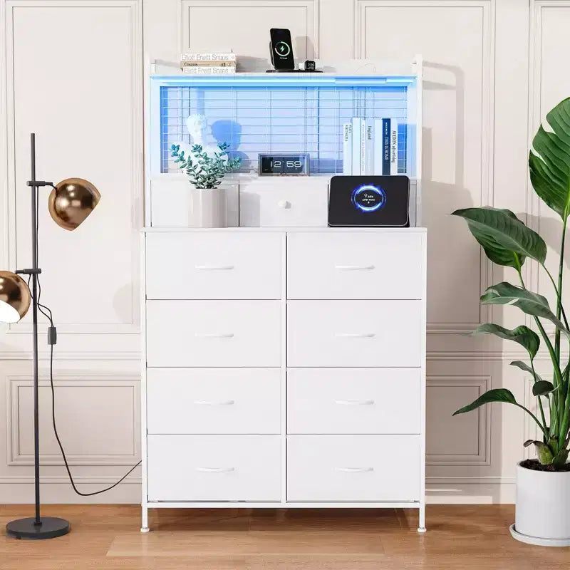 Comò Intelligente con 11 Cassetti in Tessuto, Stazione di Ricarica Integrata e Illuminazione RGB Controllabile tramite App - Design Anti-Ribaltamento per Camera da Letto, Soggiorno, Cabina Armadio