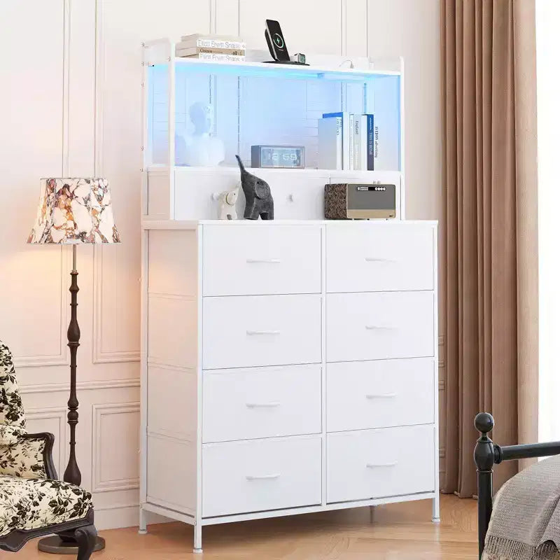 Comò Intelligente con 11 Cassetti in Tessuto, Stazione di Ricarica Integrata e Illuminazione RGB Controllabile tramite App - Design Anti-Ribaltamento per Camera da Letto, Soggiorno, Cabina Armadio