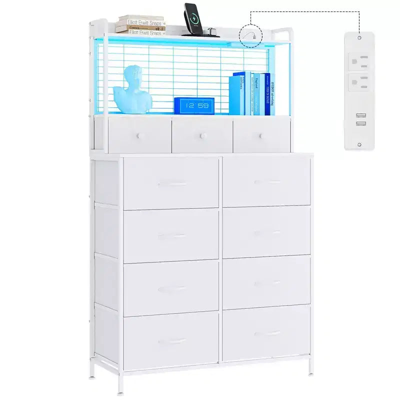 Comò Intelligente con 11 Cassetti in Tessuto, Stazione di Ricarica Integrata e Illuminazione RGB Controllabile tramite App - Design Anti-Ribaltamento per Camera da Letto, Soggiorno, Cabina Armadio