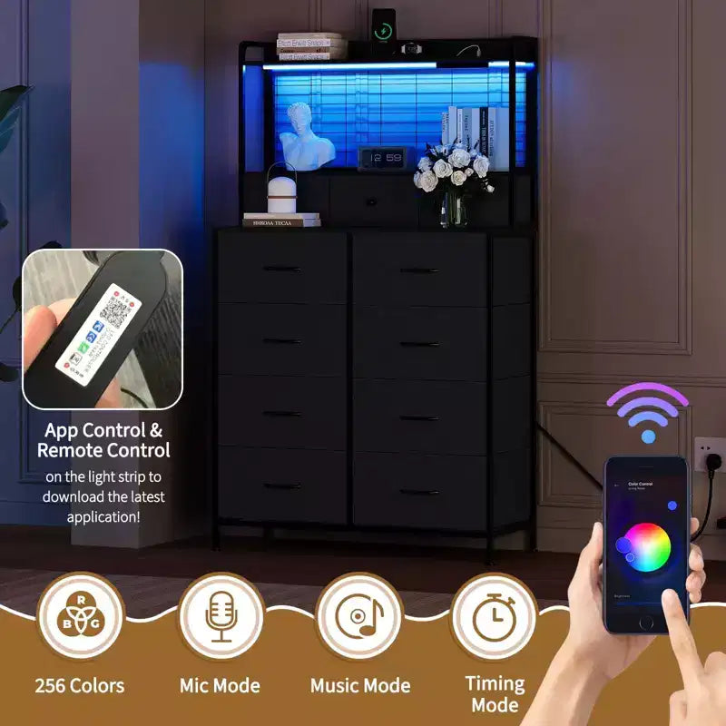 Comò Intelligente con 11 Cassetti in Tessuto, Stazione di Ricarica Integrata e Illuminazione RGB Controllabile tramite App - Design Anti-Ribaltamento per Camera da Letto, Soggiorno, Cabina Armadio