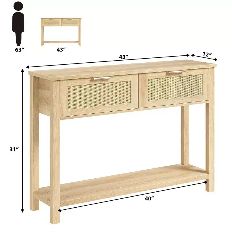 Acekool Tavolino stretto a 2 livelli in rattan con 2 cassetti e ripiano aperto, tavolino sottile in legno per ingresso, soggiorno, corridoio