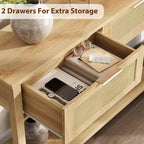 Acekool Tavolino stretto a 2 livelli in rattan con 2 cassetti e ripiano aperto, tavolino sottile in legno per ingresso, soggiorno, corridoio