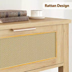 Acekool Tavolino stretto a 2 livelli in rattan con 2 cassetti e ripiano aperto, tavolino sottile in legno per ingresso, soggiorno, corridoio