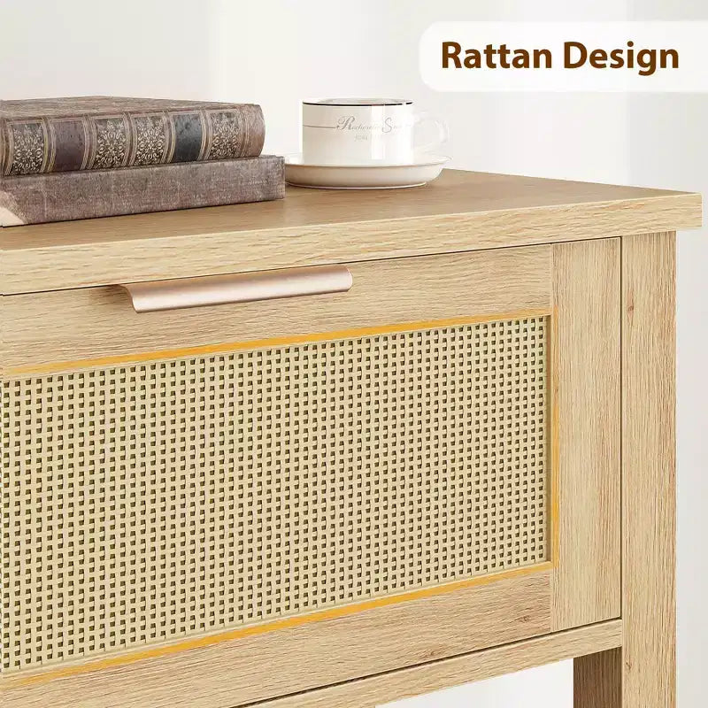 Acekool Tavolino stretto a 2 livelli in rattan con 2 cassetti e ripiano aperto, tavolino sottile in legno per ingresso, soggiorno, corridoio