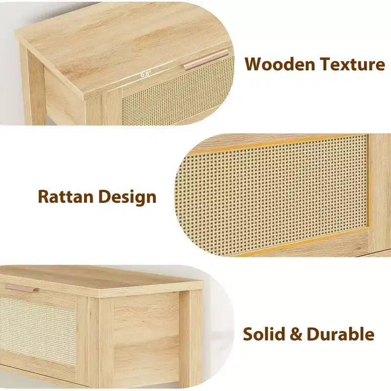 Acekool Tavolino stretto a 2 livelli in rattan con 2 cassetti e ripiano aperto, tavolino sottile in legno per ingresso, soggiorno, corridoio