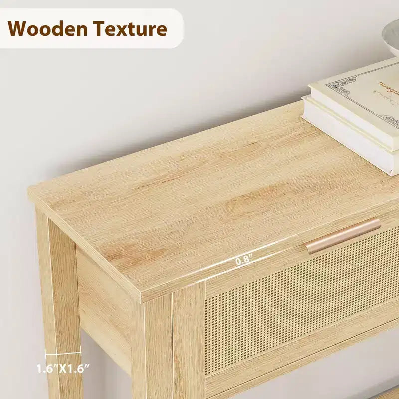 Acekool Tavolino stretto a 2 livelli in rattan con 2 cassetti e ripiano aperto, tavolino sottile in legno per ingresso, soggiorno, corridoio